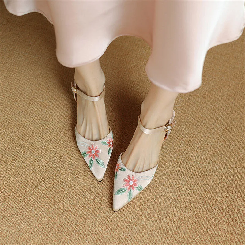 Embroidered Fashion Sandals with Pointed Toe and Spike Heels