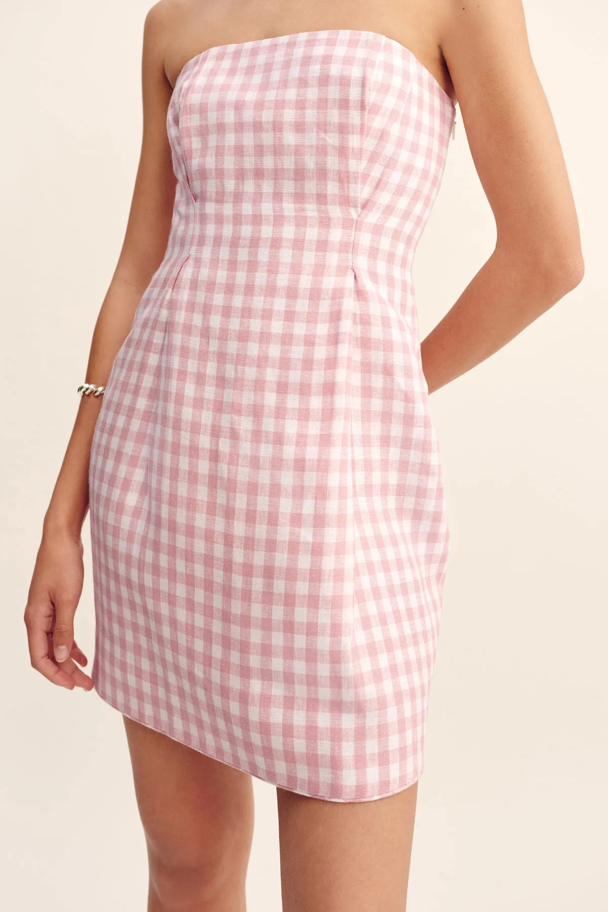 ROSALIE STRAPLESS MINI DRESS - PINK GINGHAM