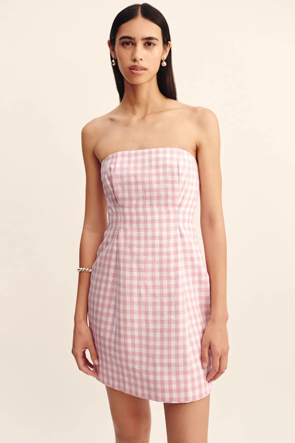 ROSALIE STRAPLESS MINI DRESS - PINK GINGHAM