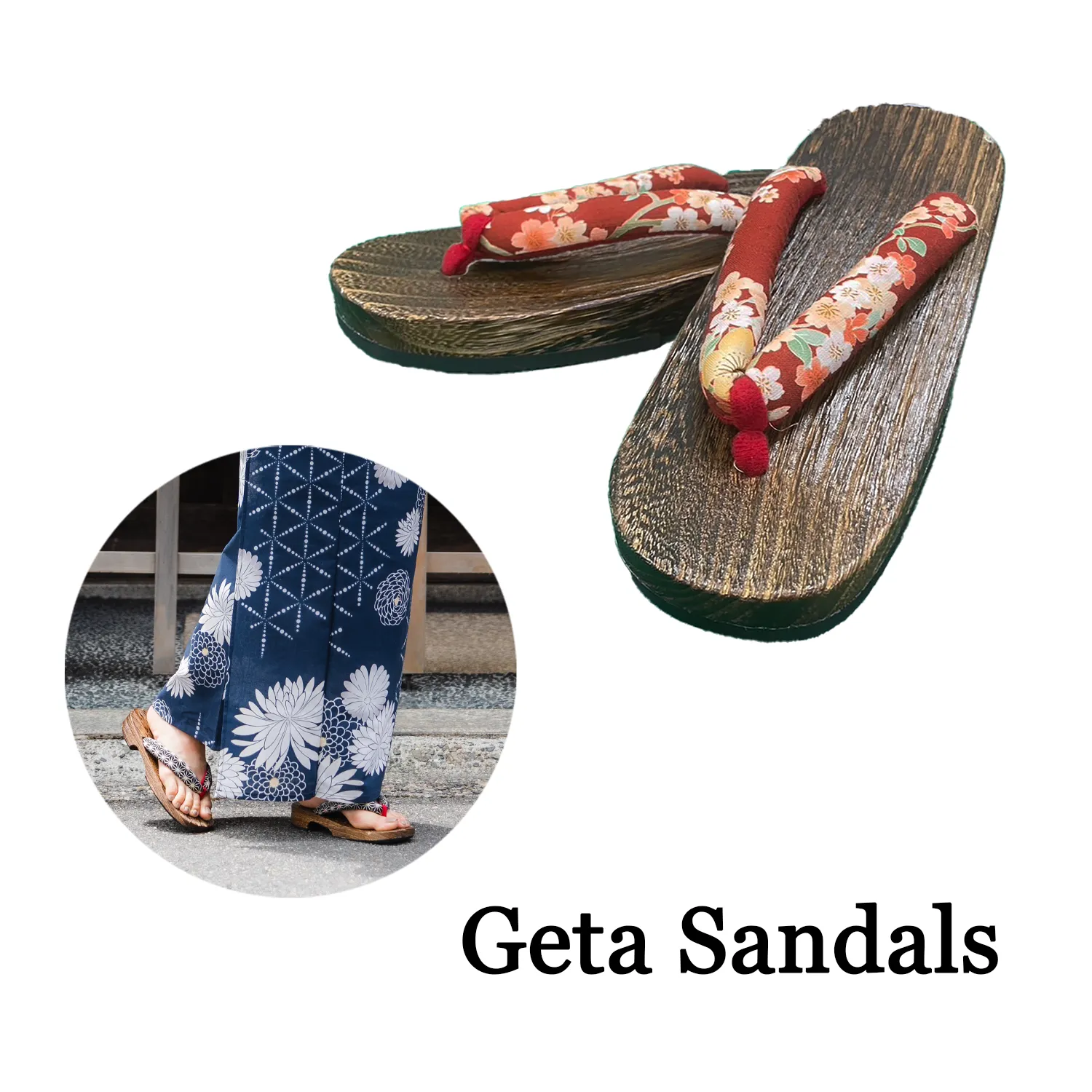 Woman's Wooden Geta Sandals : Dark Red Flowers & Brown sole