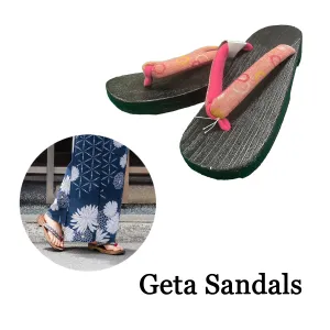 Woman's Wooden Geta Sandals : Pink Circle & Black sole
