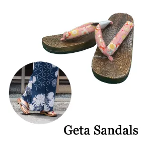 Woman's Wooden Geta Sandals : Pink Plums & Brown sole