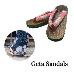 Woman's Wooden Geta Sandals : Red, Pink Flowers & Brown
