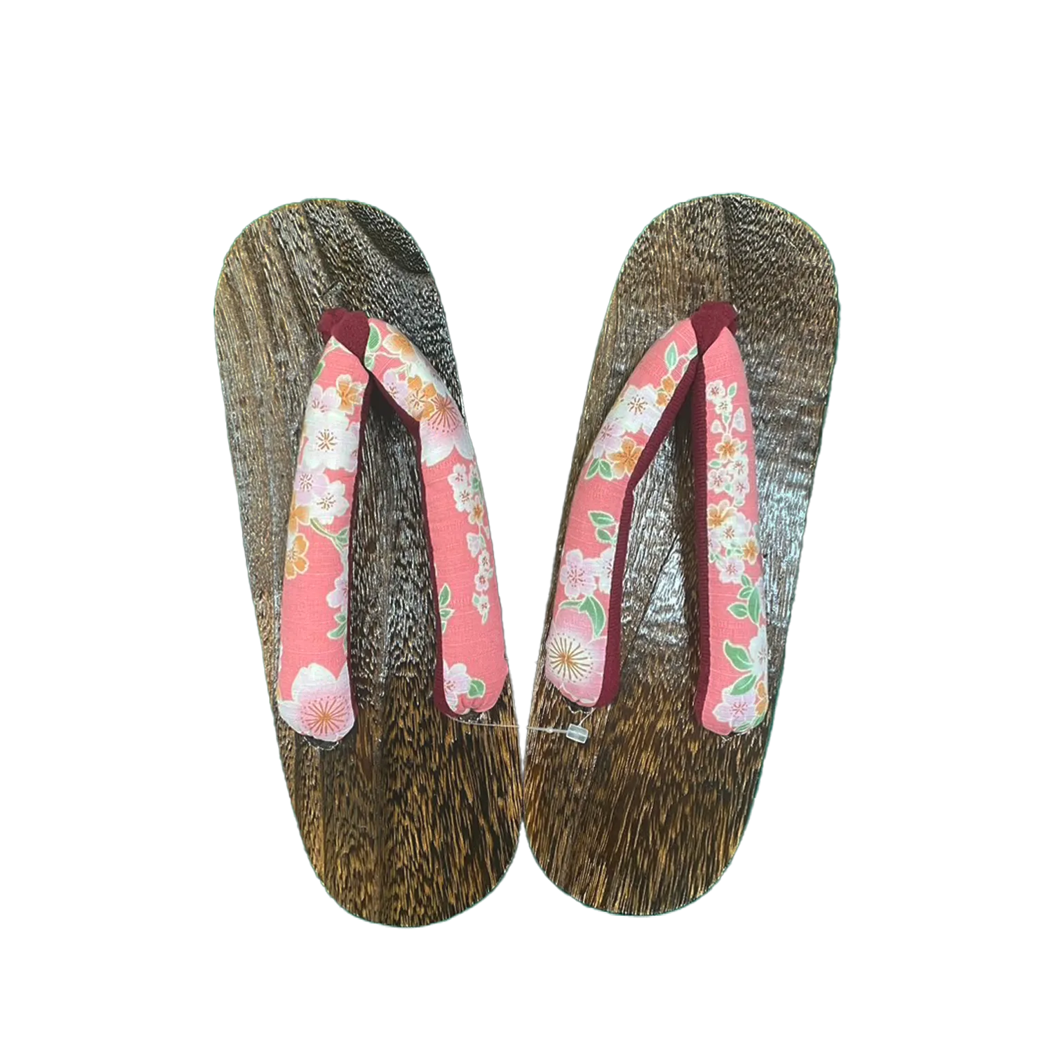 Woman's Wooden Geta Sandals : Red, Pink Flowers & Brown