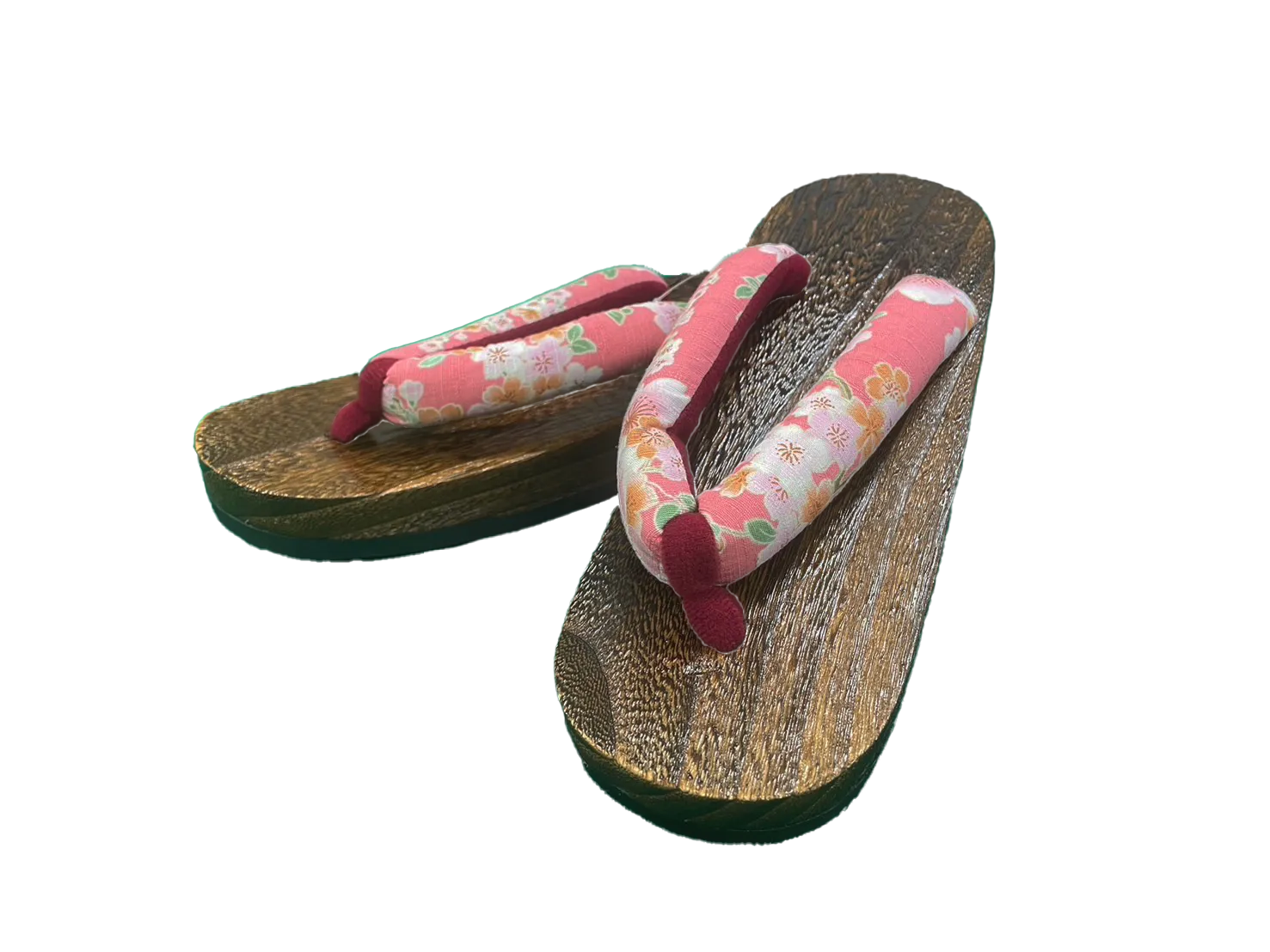 Woman's Wooden Geta Sandals : Red, Pink Flowers & Brown